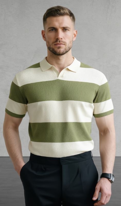 Dikey Jakarlı Polo Yaka Yeşil Tişört