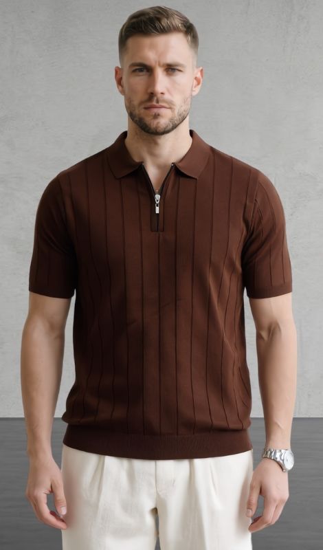 Dikey Dokulu Fermuarlı Kahverengi Tişört