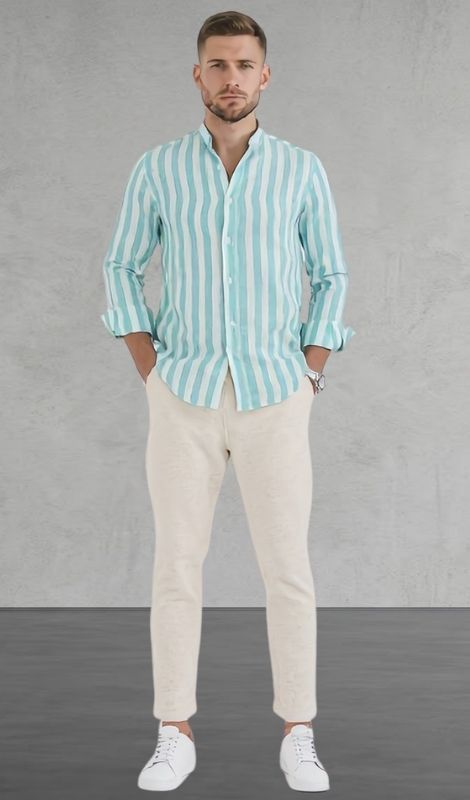 Hakim Yaka Turkuaz Keten Gömlek