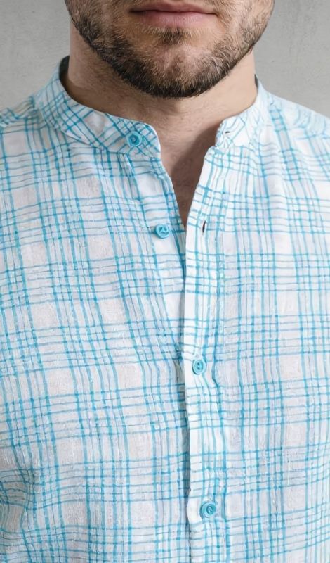 Kareli Hakim Yaka Mavi Keten Gömlek