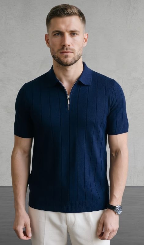 Dikey Dokulu Fermuarlı Lacivert Tişört