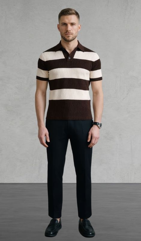 Dikey Jakarlı Polo Yaka Kahverengi Tişört