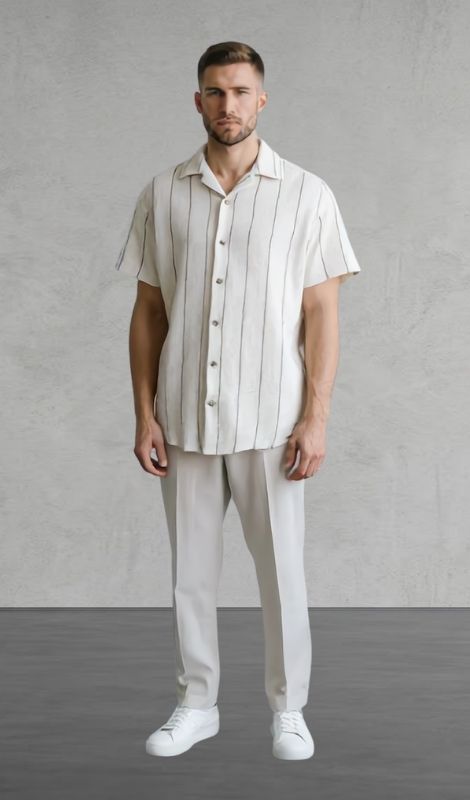 Dikey Dokulu Hakim Yaka Keten Gömlek