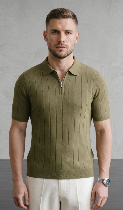 Dikey Dokulu Fermuarlı Yeşil Tişört