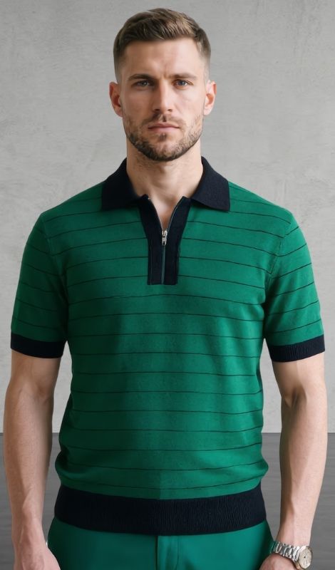 Yan Çizgili Yeşil Polo Tişört