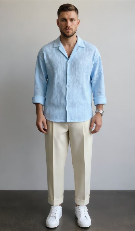 Dokulu Relax Mavi Gömlek