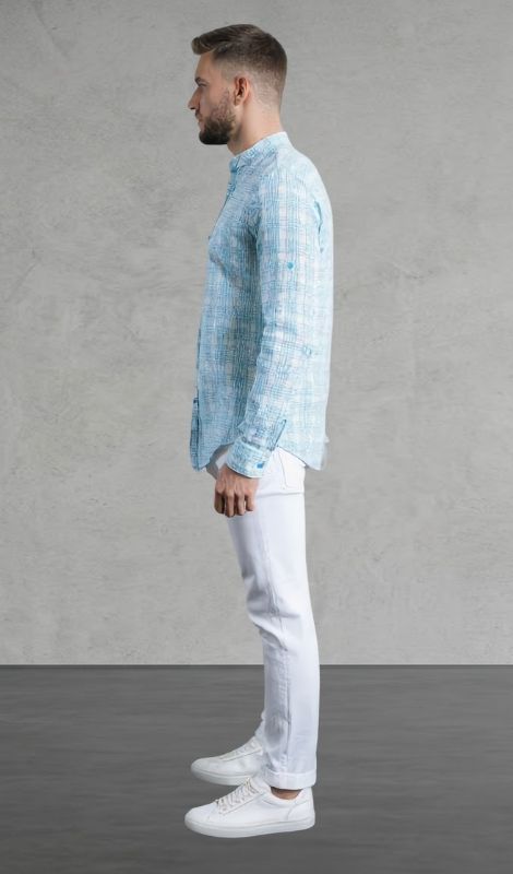 Kareli Hakim Yaka Mavi Keten Gömlek