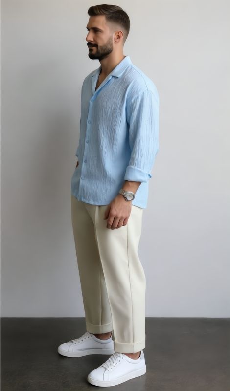 Dokulu Relax Mavi Gömlek