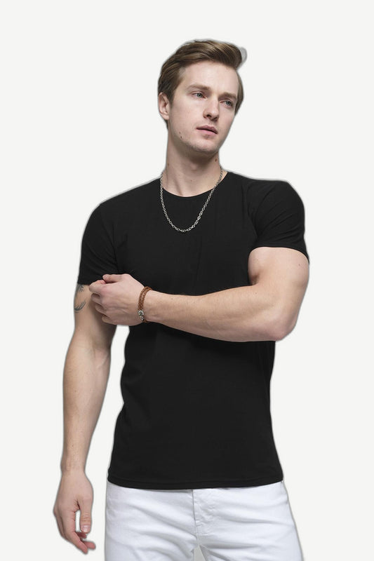 ALVARDE Slim Fit Likralı Bisiklet Yaka Siyah Tshirt