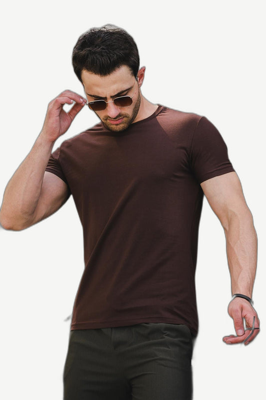 ALVARDE Slim Fit Likralı Bisiklet Yaka Kahverengi Tshirt