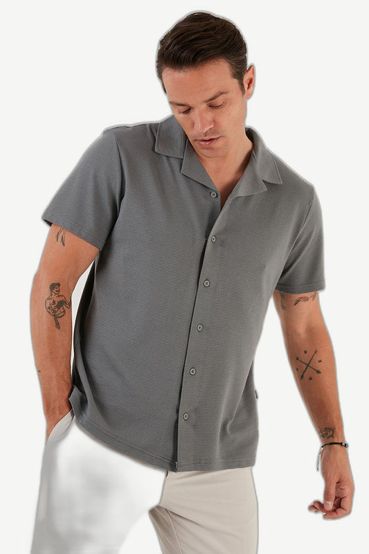 ALVARDE Regular Fit Kısa Kollu Gri Gömlek